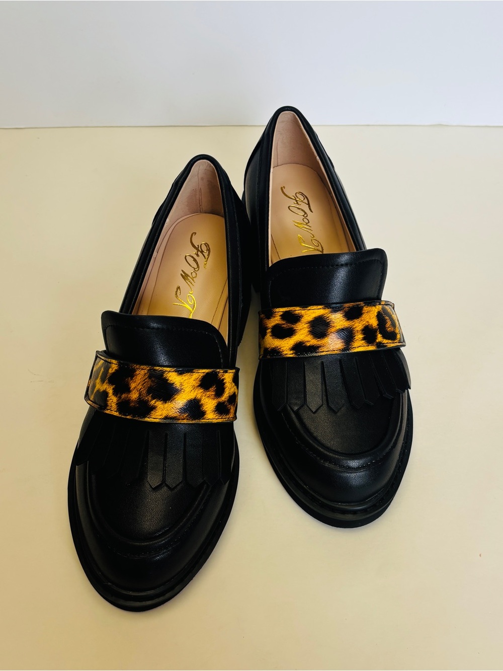 Black Loafer Flats with Leopard Accent